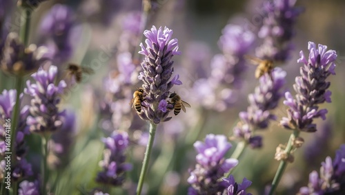 Two bees are collecting pollen from lavender flower in a field on sunny day