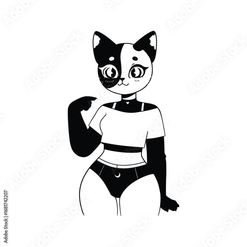 Cute Black and White Cat Girl Anime Illustration Kawaii Style  Digital Drawing