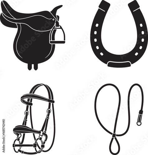 Black and White Equestrian Equipment Set Horse Riding Gear Silhouette Collection
