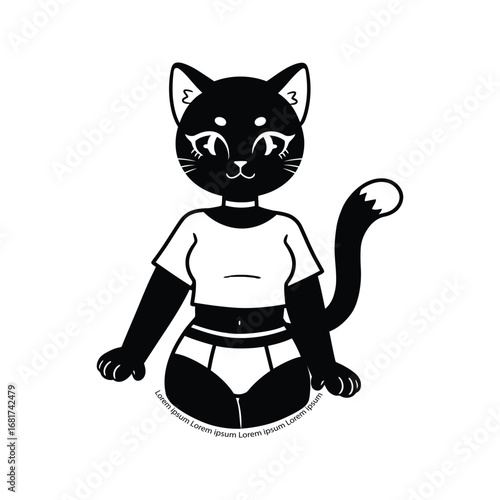 Cute Black Cat Girl in Crop Top and Shorts  Kawaii Anime Style Illustration