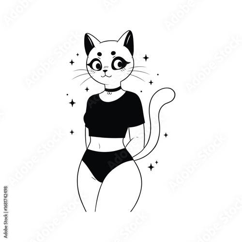 Cute Cat Girl Line Art Black and White Kawaii Anime Illustration Mystical Creature Magical Girl Drawing