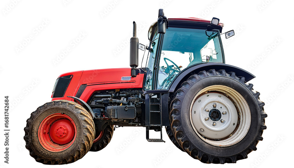 Obraz premium An old red agricultural tractor isolated on a white background