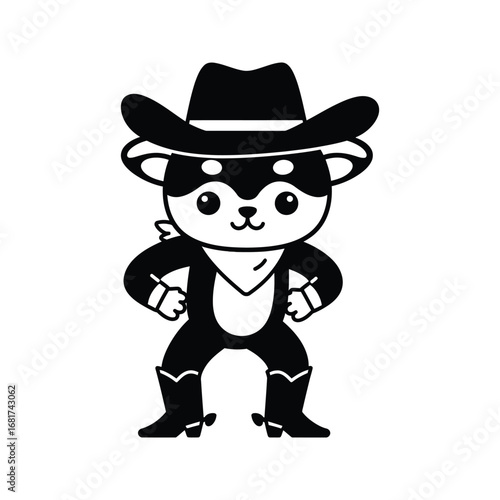 Cute Raccoon Cowboy Cartoon Character Black and White Vector Illustration Western Animal Clipart