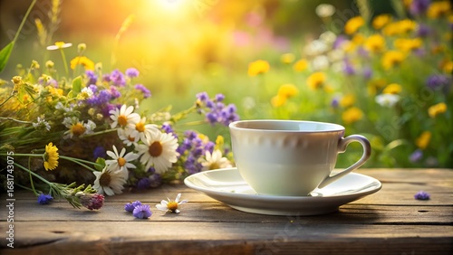 Wallpaper Mural Morning tea in a garden with wildflowers and sunlight Torontodigital.ca