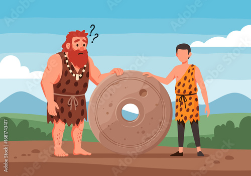 Primitive man proudly presents the invention of the wheel to a bewildered friend in prehistoric landscape