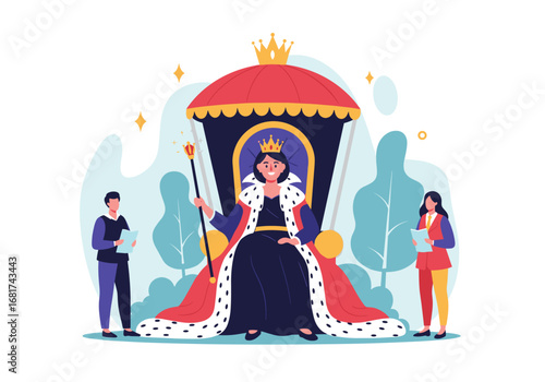 Empress on the throne surrounded by courtiers observing her power and authority during a grand ceremony