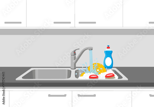 Cleaning dirty dishes in a kitchen sink with running water and cleaning supplies for a spotless kitchen