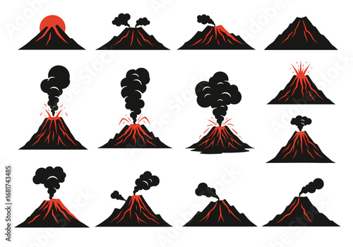 Collection of twelve powerful volcanic eruptions showcasing dramatic fiery explosions and smoke plumes against dark backgrounds illustrating geological power and natural phenomena