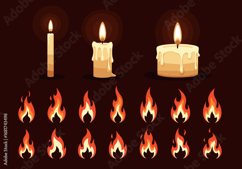 Collection of realistic candle flames and dripping wax animated frames for visual projects