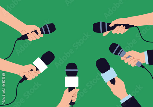 A diverse collection of journalists holding microphones ready to capture every word during an important press conference event