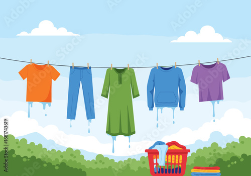 Colorful clothes drying on a clothesline under a blue sky with green trees and white clouds