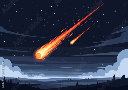Spectacular fiery meteor shower illuminates the starry night sky with streaking comets above a dark landscape