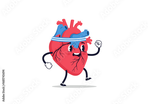 A happy cartoon heart character exercising and jogging with a sweatband on its head
