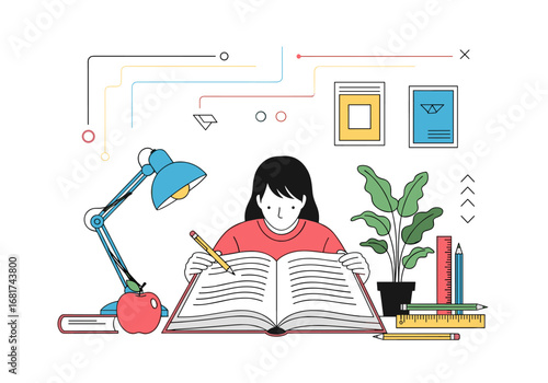 Young student diligently studying a large book under a desk lamp surrounded by learning materials and plants
