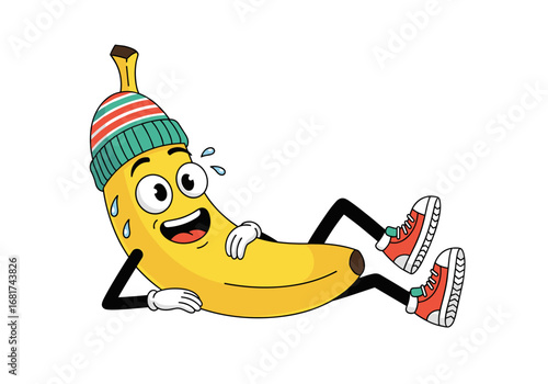 A happy cartoon banana character wearing a beanie and sneakers lies down looking tired after exercise