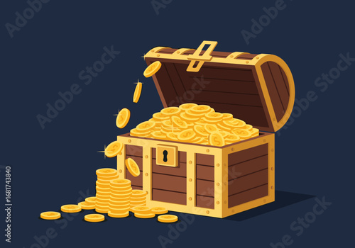 An illustration of a pirate treasure chest overflowing with golden coins symbolizing wealth and riches