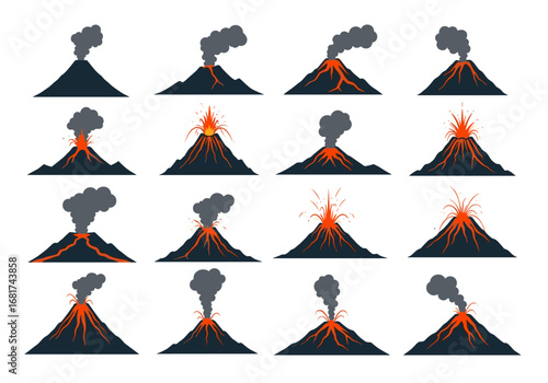Collection of stylized illustrations depicting volcanic eruptions showing different stages and intensity of activity