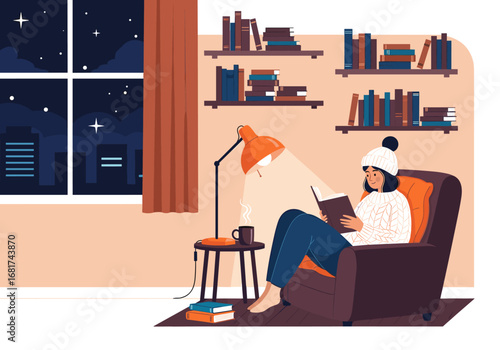 Cozy evening reading session with warm blanket and books by the window