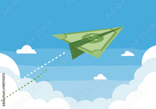 Money airplane flying through clouds symbolizing financial growth and successful investments taking flight