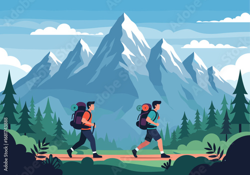Two hikers trekking through a lush forest towards majestic snow-capped mountains under a bright blue sky