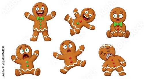 Six playful gingerbread man characters with expressive faces and festive decorations