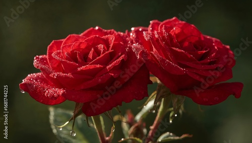 Two red roses with water droplets on a dark background in the garden