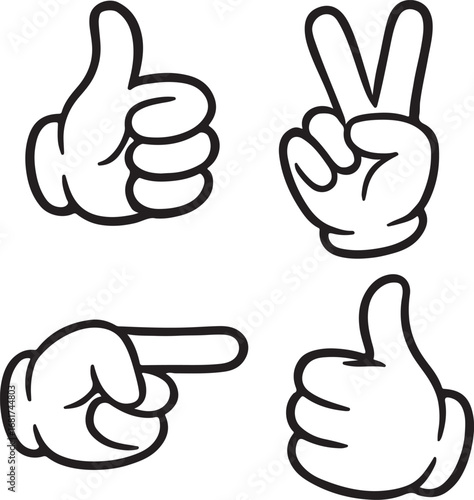 Cartoon Hand Gestures Collection Thumbs Up Peace Sign and Pointing Finger Symbol Set in Black and White