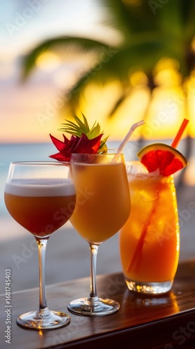 Tropical cocktails sitting on a bar during sunset with palm trees in background