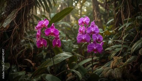 Two vibrant purple orchids blooming in a lush tropical rainforest setting