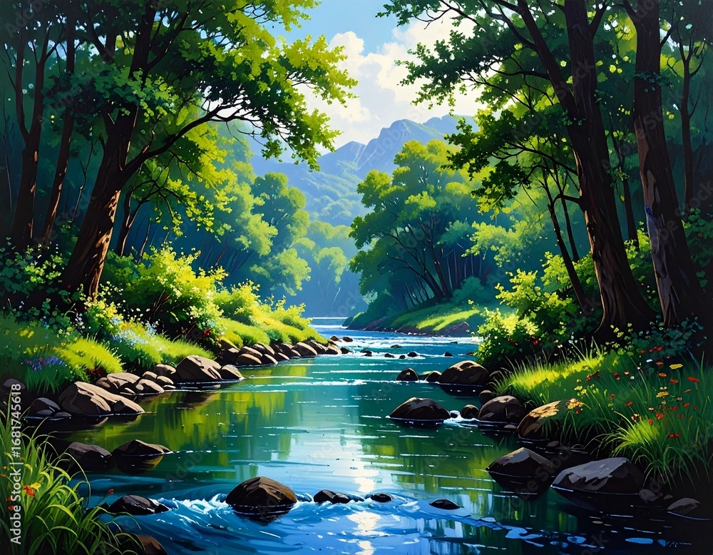 Obraz premium Serene river scene in a lush forest