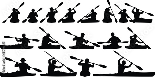 Kayaker Silhouettes in Dynamic Paddling Poses – Vector Illustration for Water Sports, Outdoor Adventure, Canoe Technique, and Recreational Design Concepts