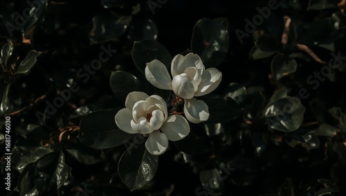 Two white magnolia flowers in full bloom against a dark green backdrop