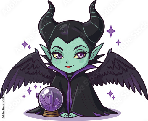 Chibi dark fairy with crystal ball, cute villain girl, fantasy wings, magical horns, cartoon witch character, gothic kawaii style