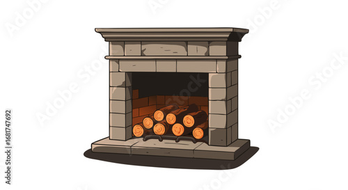 Fireplace with logs. Stone fireplace with stacked logs and rustic design  