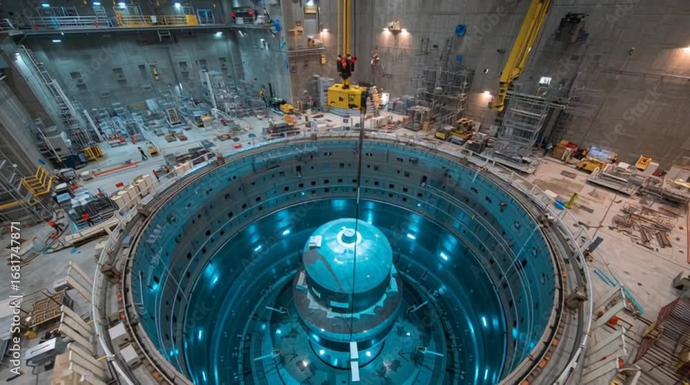 Cinematic view inside containment building as a massive cylindrical ...