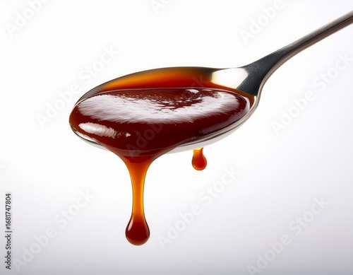 a spoonful of classic bbq sauce dripping suspended in the air sharp focus white background