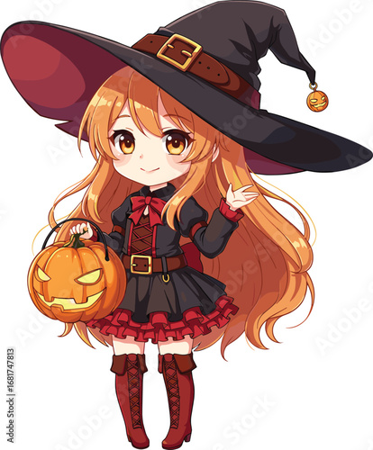 Cute anime witch girl with pumpkin, Halloween chibi character, magical costume, kawaii art, fantasy theme, festive holiday illustration