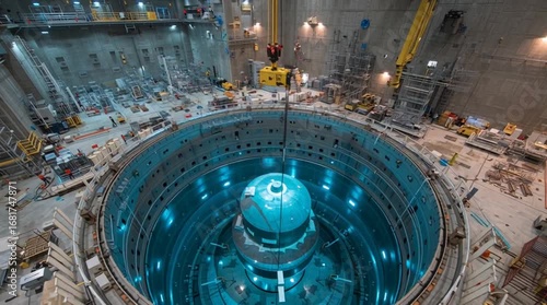 Cinematic view inside containment building as a massive cylindrical reactor pressure vessel is precisely lowered into place by overhead crane, symbolizing nuclear energy and engineering precision.