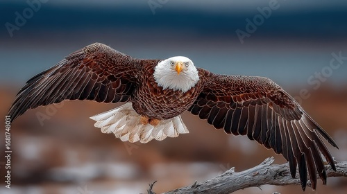 Bald eagle in flight, focused gaze, against a muted backdrop of land and water