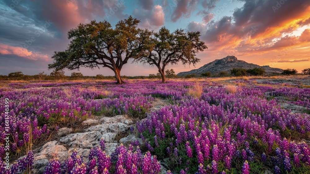 Fototapeta premium Vast field of vibrant purple wildflowers under a dramatic sunset sky with two large trees