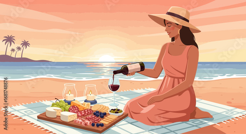 Sunset serenity: Coastal picnic with wine and gourmet snacks by the ocean