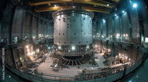 Cinematic view inside containment building as a massive cylindrical reactor pressure vessel is precisely lowered into place by overhead crane, symbolizing nuclear energy and engineering precision.