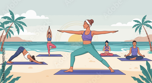 Group of people practicing yoga on the beach during a beautiful sunset