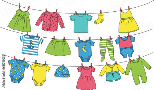 Cartoon baby clothes, hanging laundry, colorful children’s wear, clothesline illustration, kids garments, infants' outfits, drying clothes, vector fashion, playful design