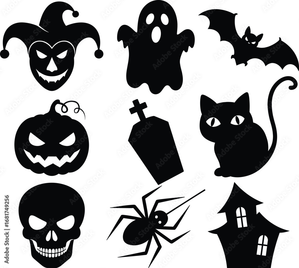 Fototapeta premium Vector art of halloween silhouettes Jack-o'-lantern, Ghost, Bat, Cat, Skull, Spider, Haunted House, Jester.