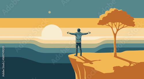 Abstract illustration showcasing a man embracing nature at sunset cliffside