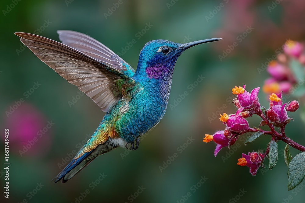 Obraz premium Vibrant hummingbird in flight, near pink flowers