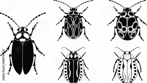 Illustration of six black and white beetles with various patterns and antenna designs isolated created with generated ai