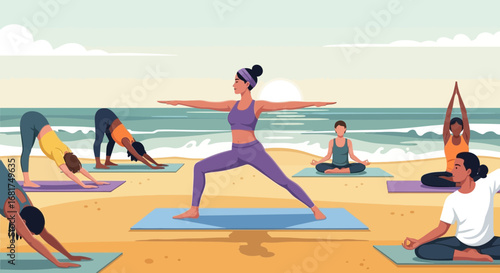 Serene beachside yoga retreat illustration focusing on wellness and mindfulness