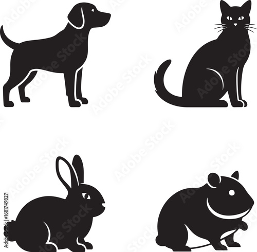 Black silhouette illustration of popular pets dog cat rabbit and hamster collection